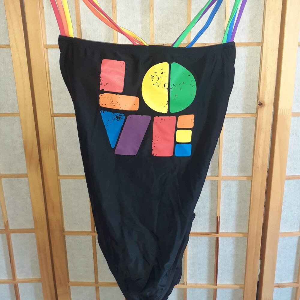 NEW! SIRENA TAKE PRIDE 1 PC SWIMSUIT STRAPPY BLK/RAINBOW LOVE-WOMENS SIZE M